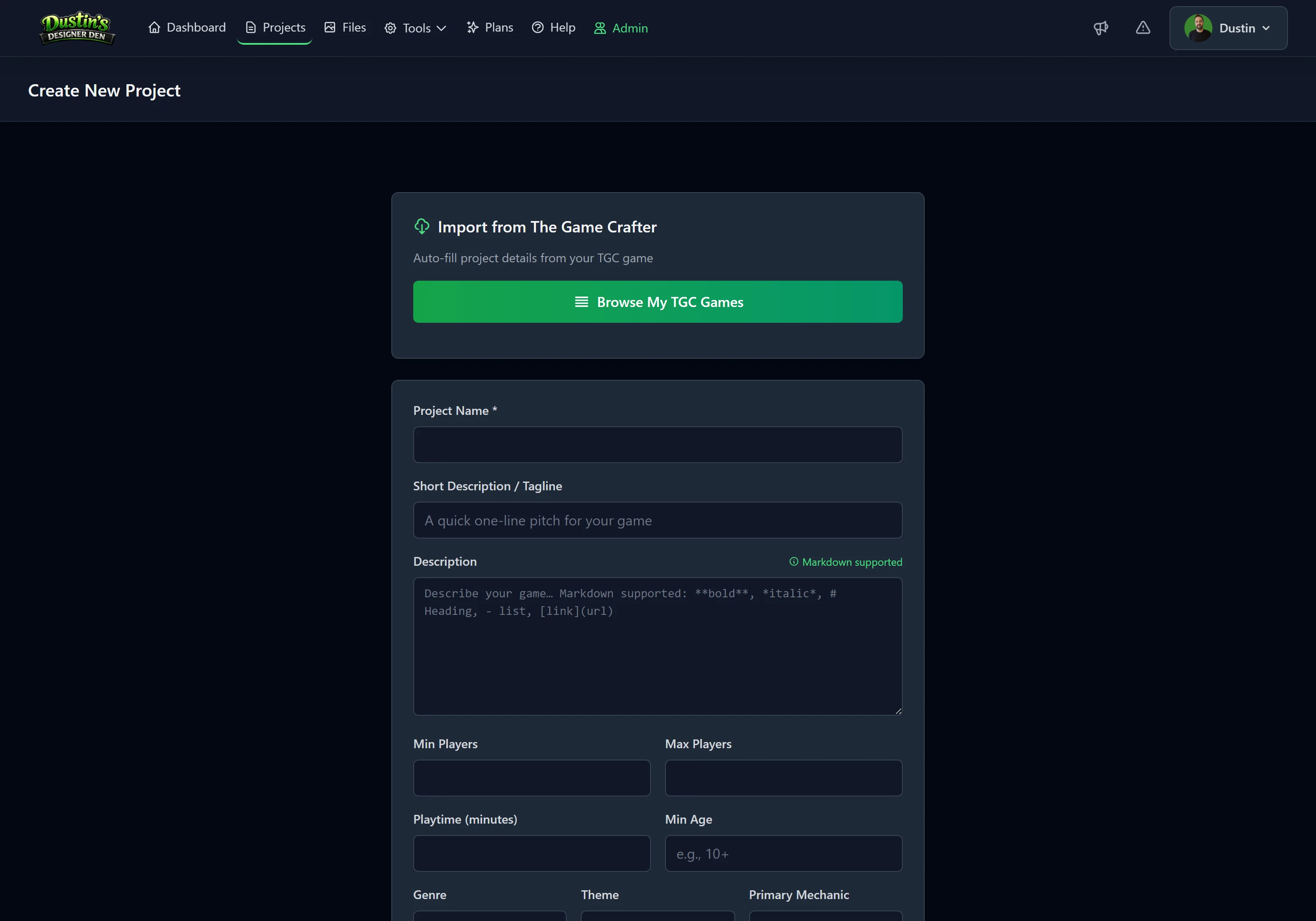 The Create New Project form: name, tagline, description, player count, playtime, and more