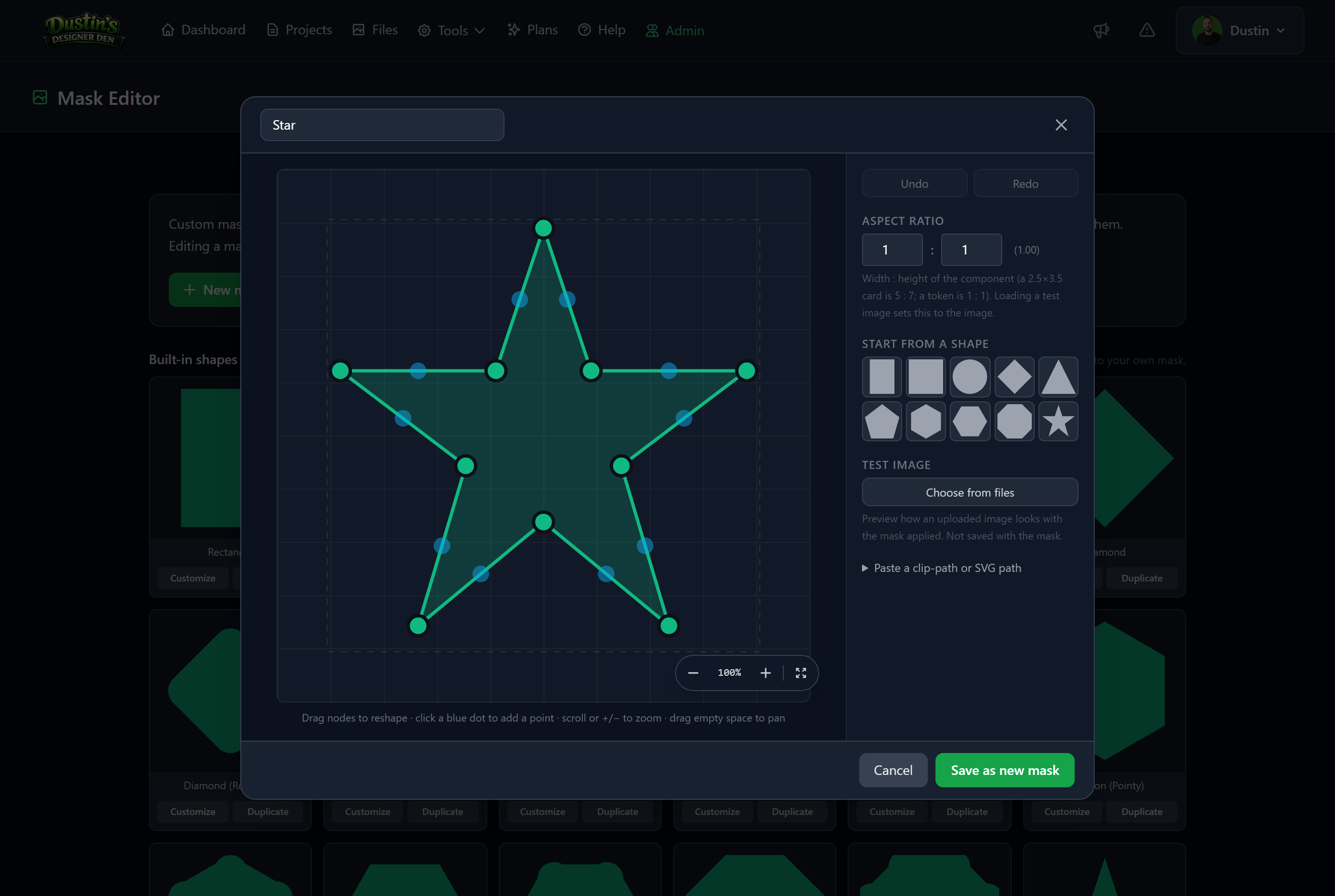 The Mask Editor: drag the nodes on the canvas to reshape the mask, with shape presets and tools in the side panel
