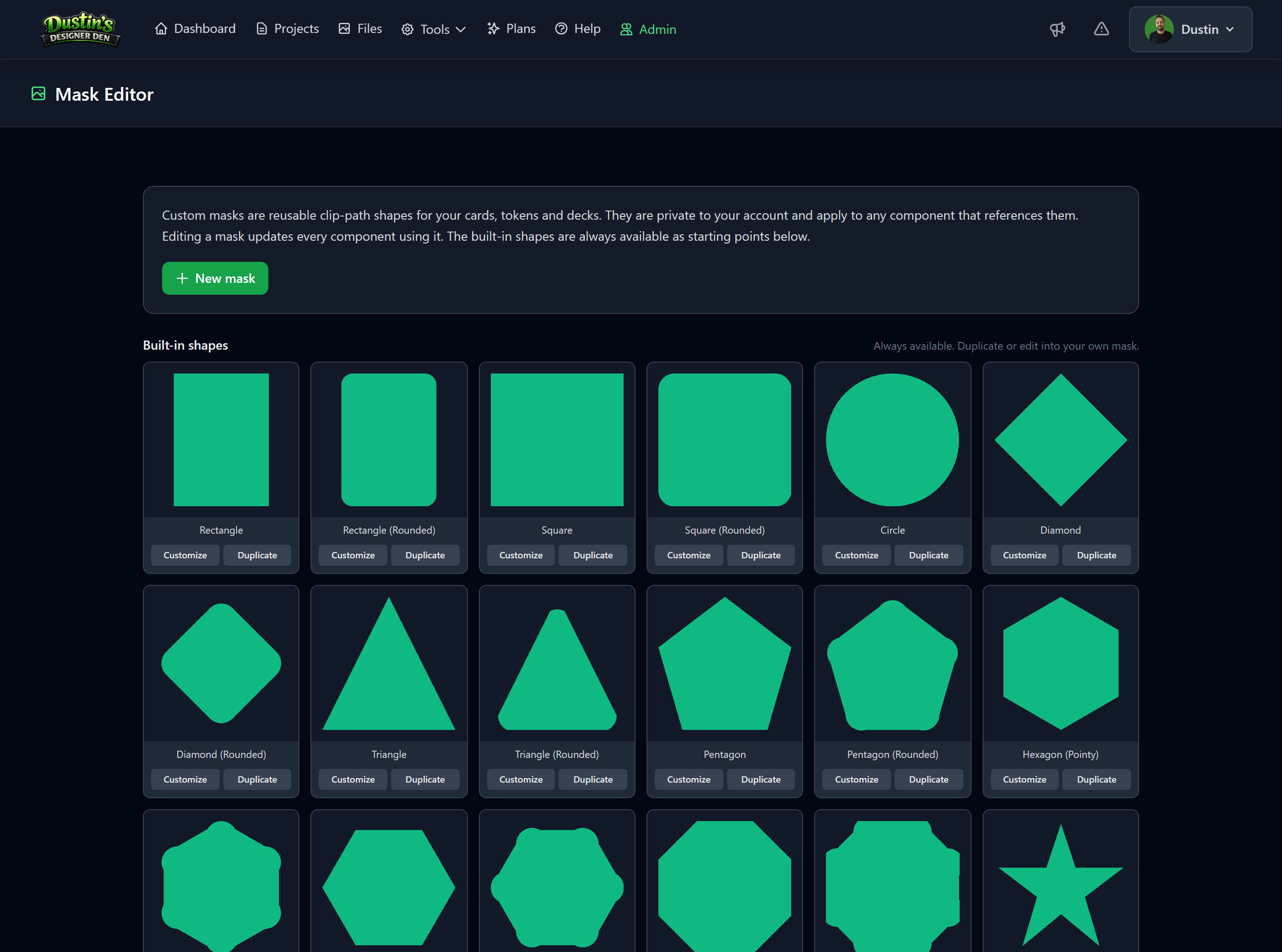 The Mask Editor page, with the built-in shapes you can duplicate or customize