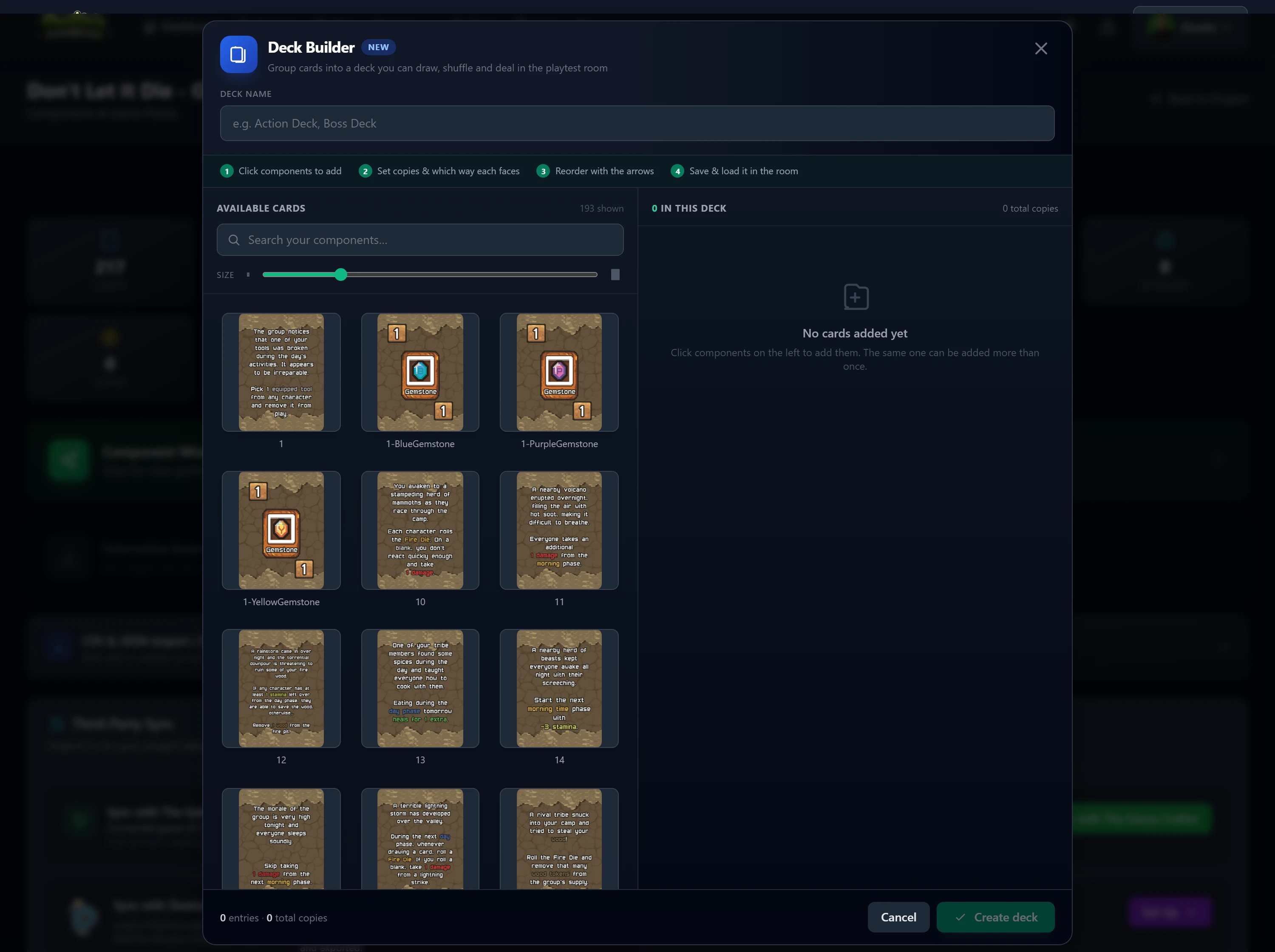 The Deck Builder: pick cards on the left, set copies and order on the right, then save