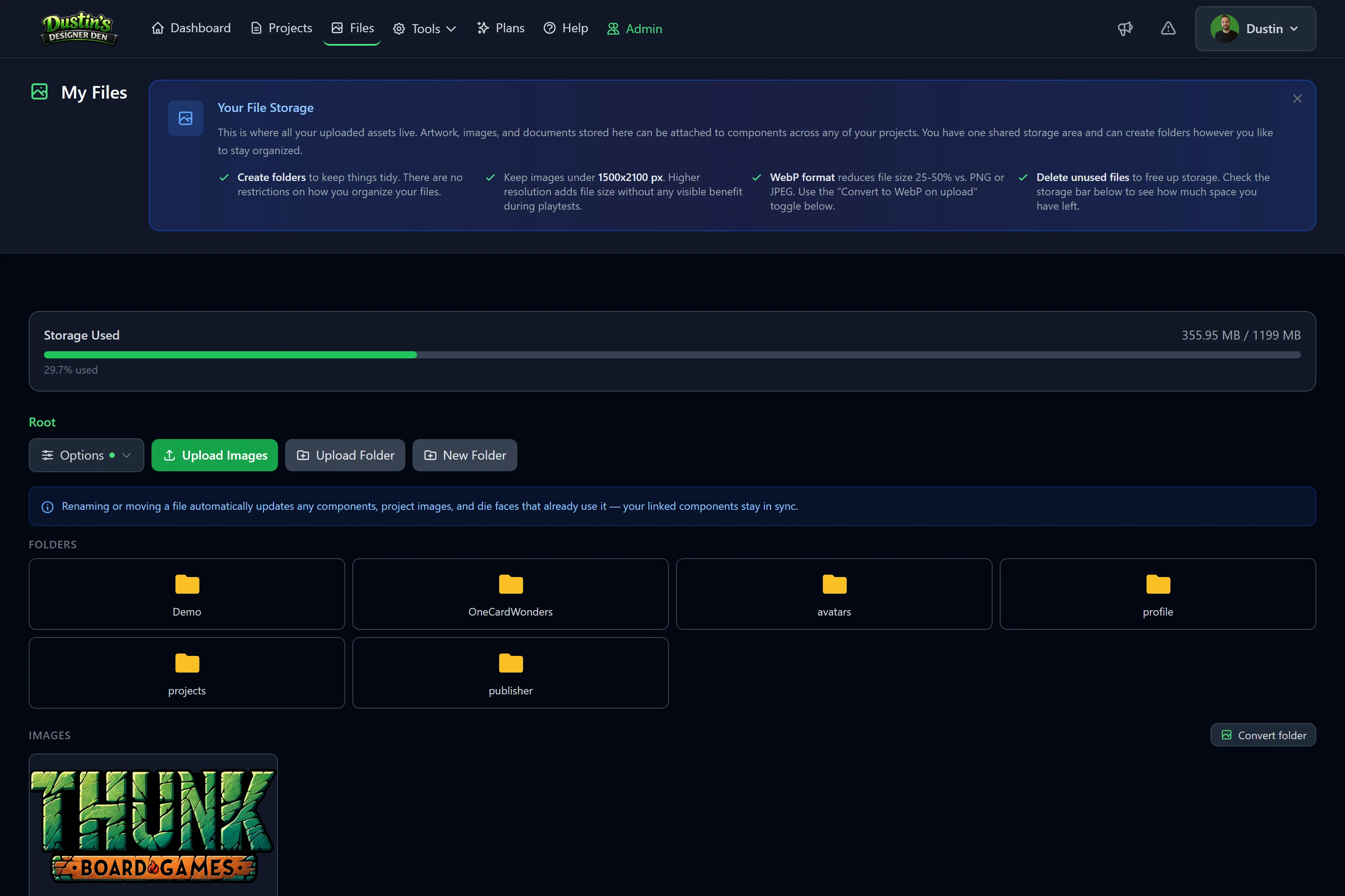 My Files — a storage meter, upload controls, and folders of images