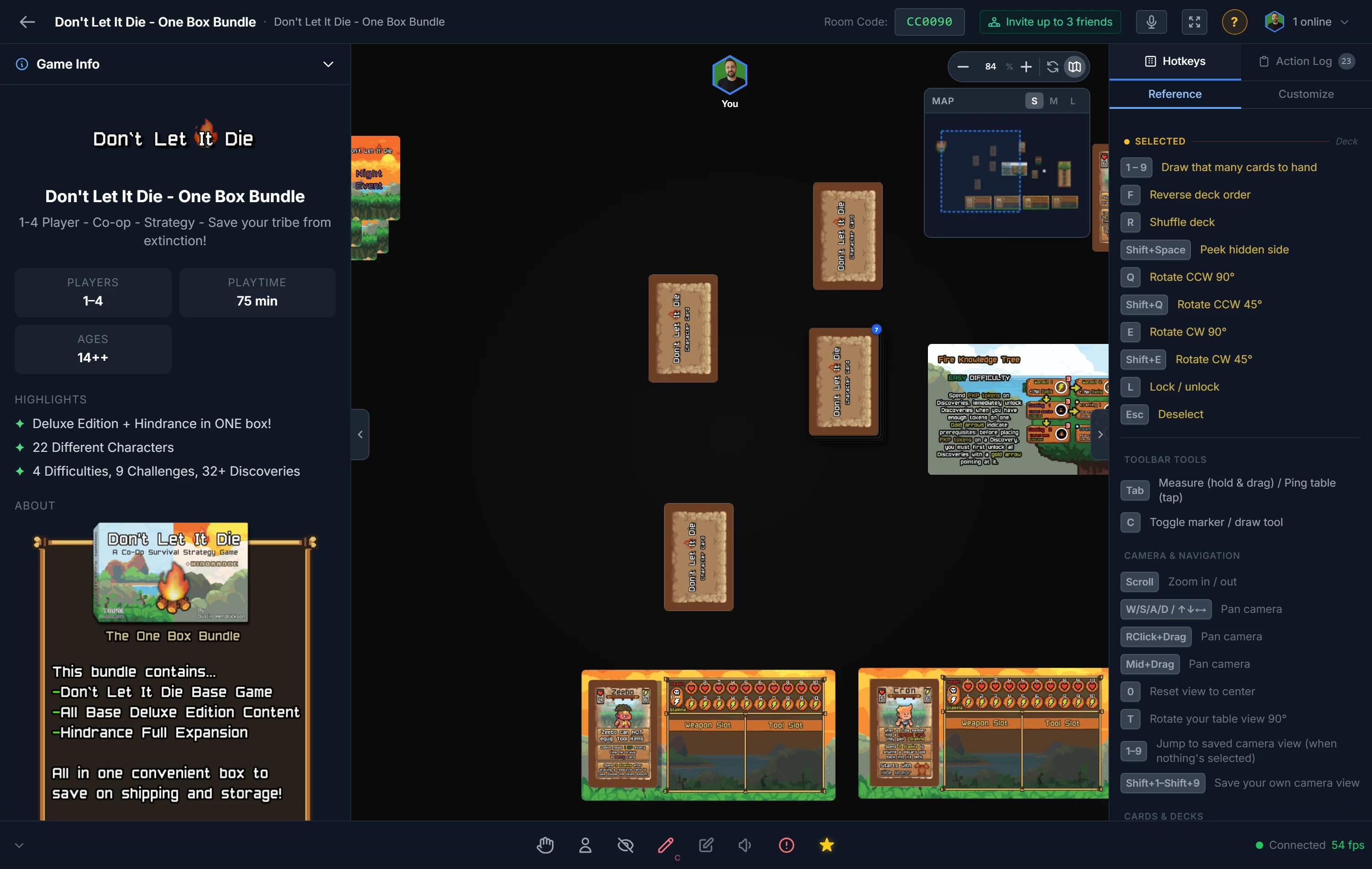 Decks on the table; selecting one shows its actions on the right — draw, flip, shuffle, peek, and more