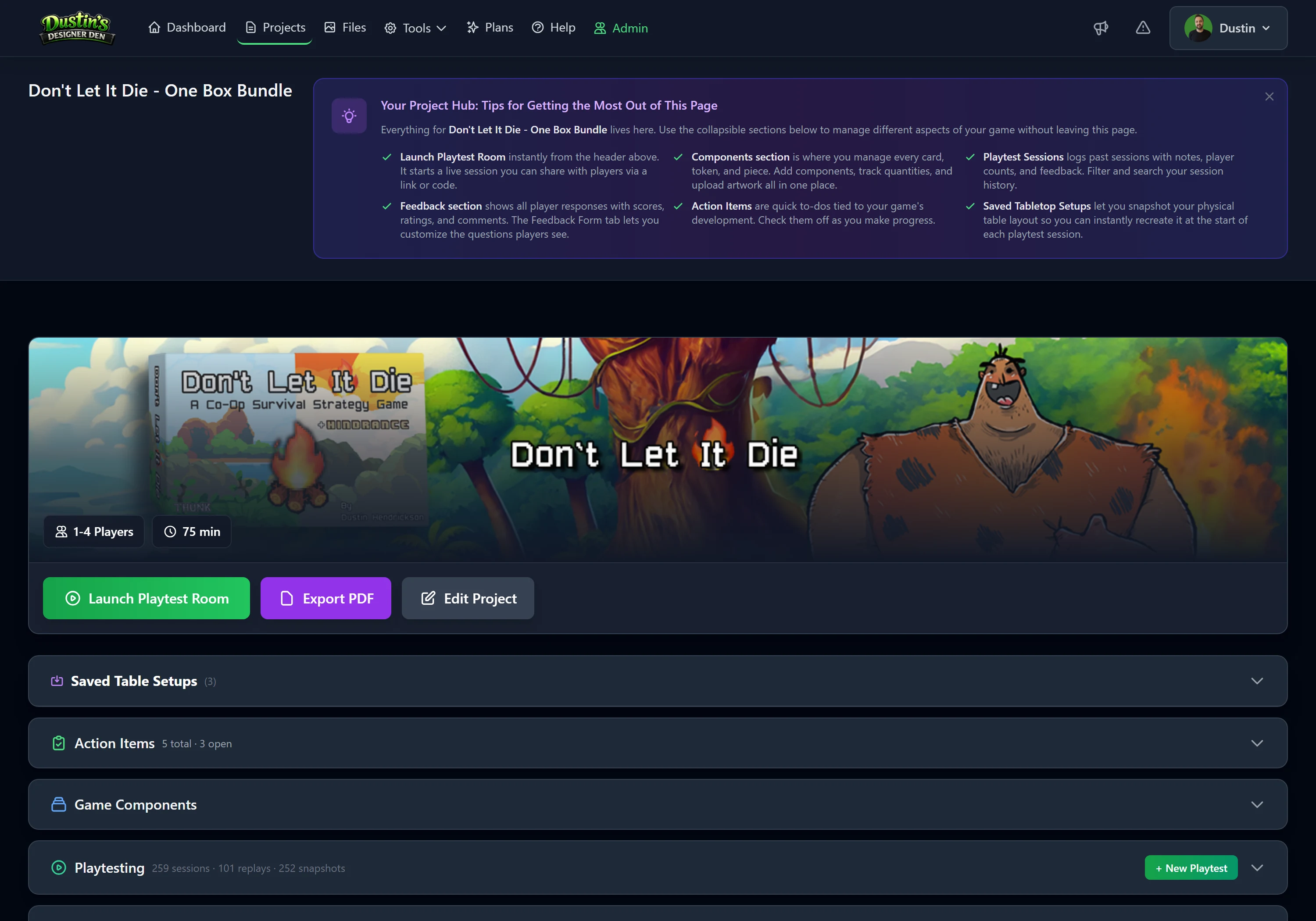 A project's page, with a Saved Table Setups section that lists each snapshot you can reload in one click