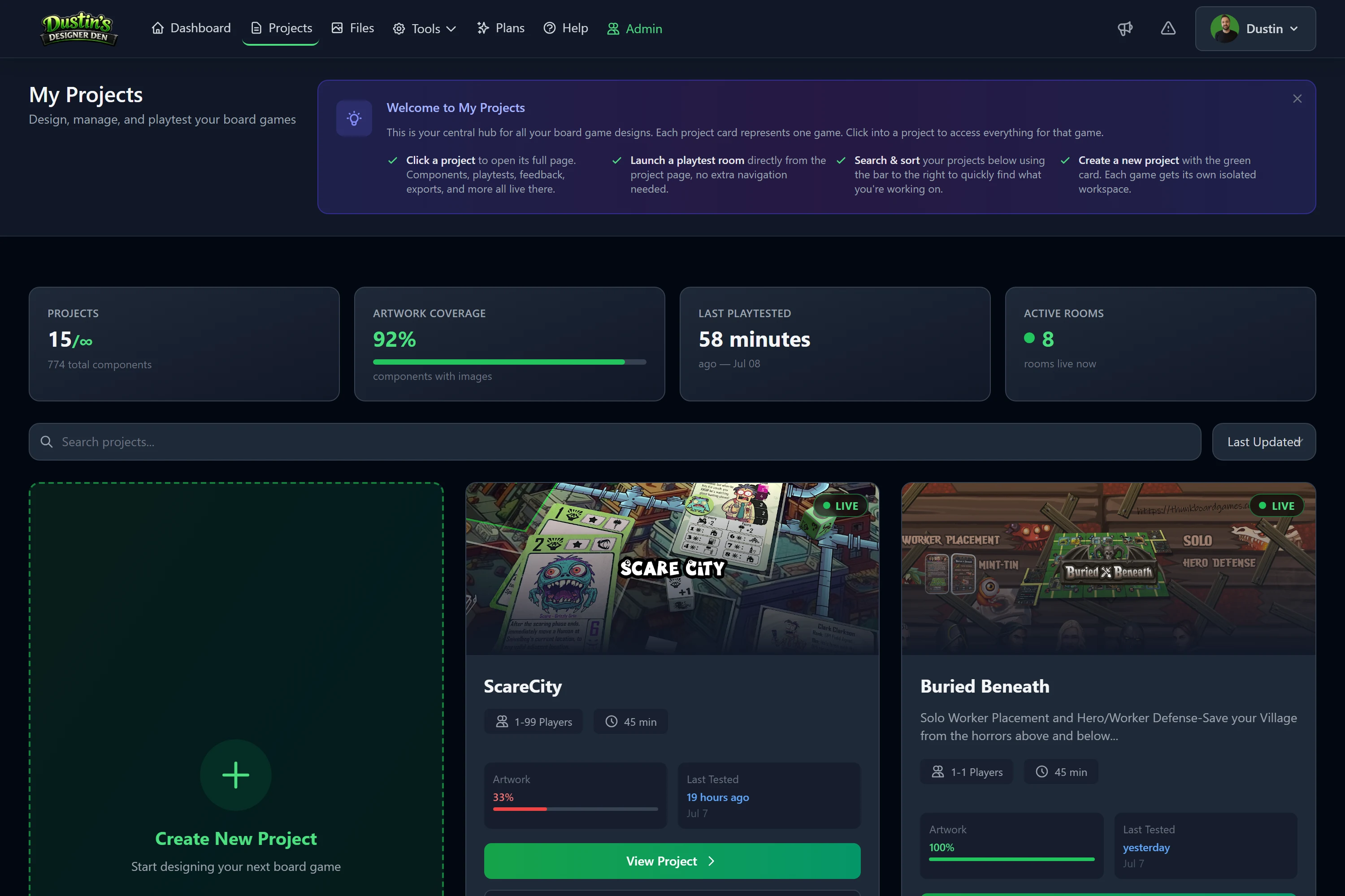 The My Projects page with summary stats and project cards, each showing artwork coverage and last-tested time