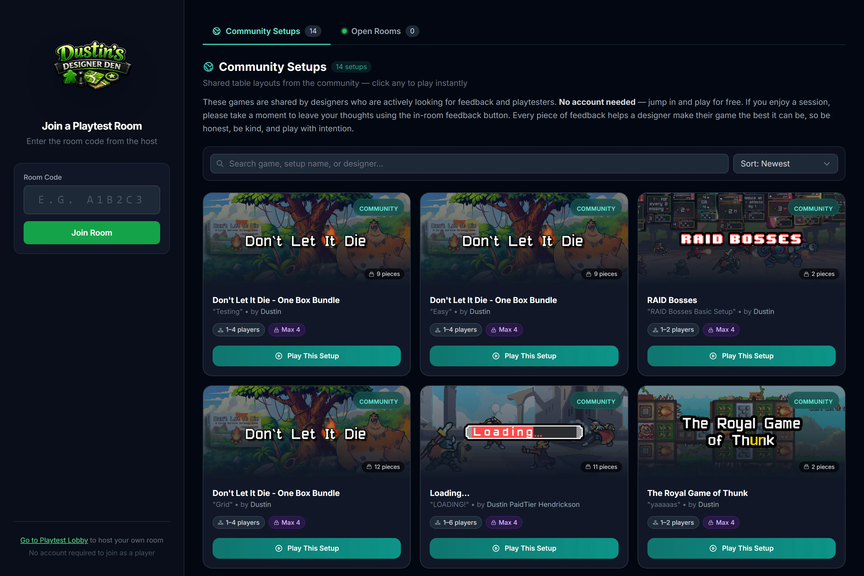 The public lobby: a room-code box and a grid of shared Community Setups you can play instantly