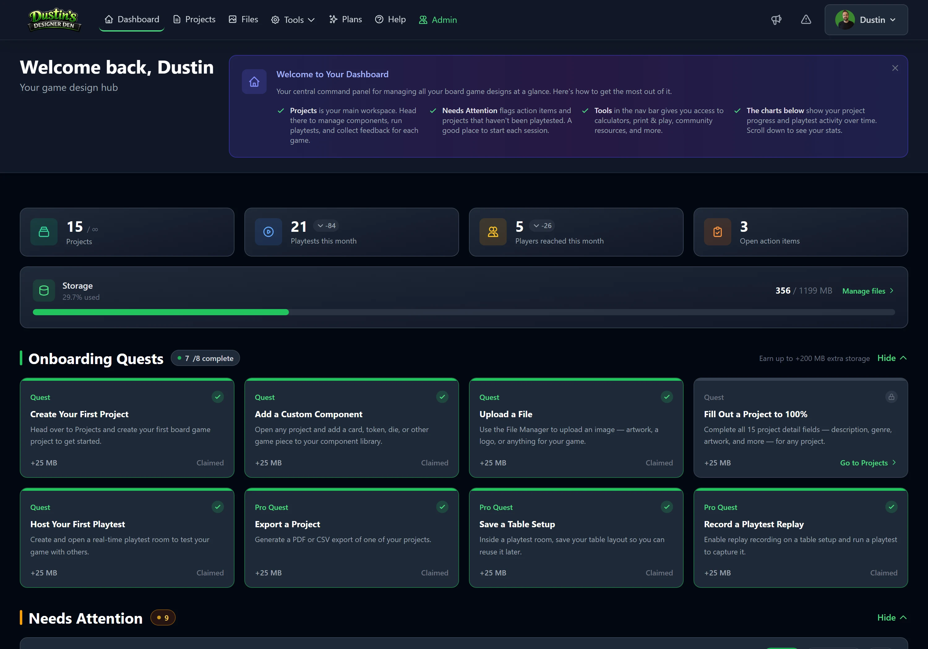 The Onboarding Quests on your dashboard — each completed quest awards bonus storage